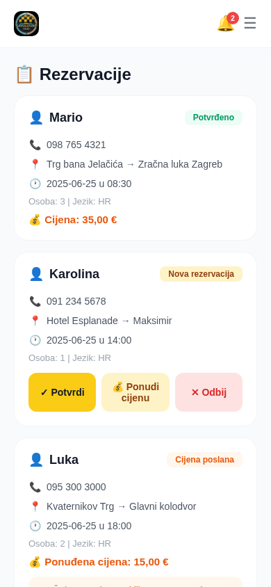 Online rezervacije — prikaz ekrana